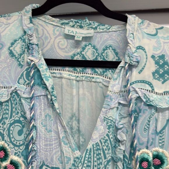 Elegant Blue Patterned Dress Maxi Dress - TAJ - Size Small Beautiful Long Sleeve - Picture 2 of 4